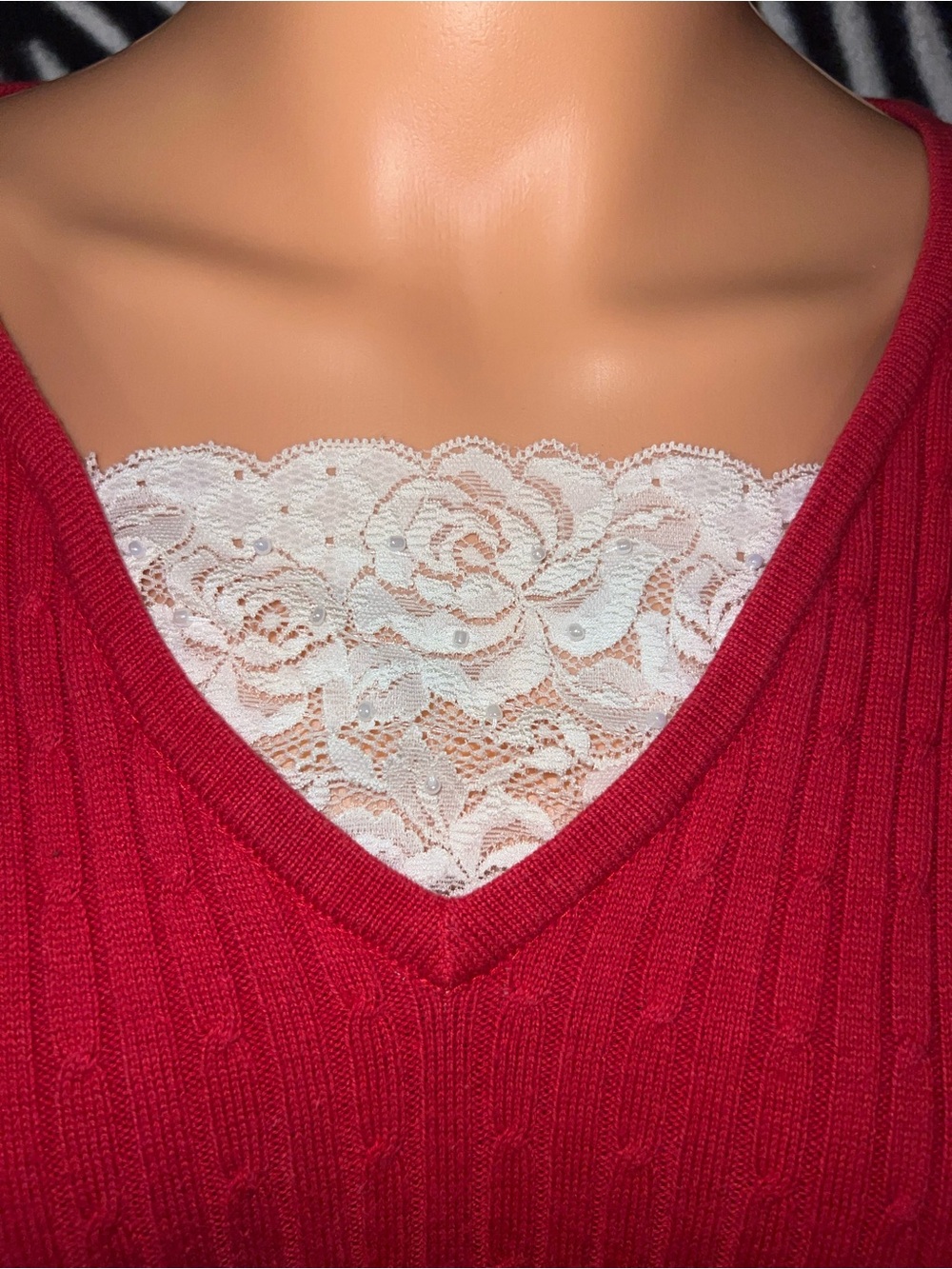 Y2K red V-Neck Cable Knit Women's Sweater with Lace Inset + pearl embellishments